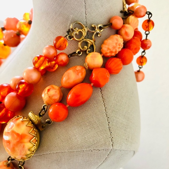 Retro vintage Orange Neon Bead Necklace Mod flower lot - Picture 8 of 16